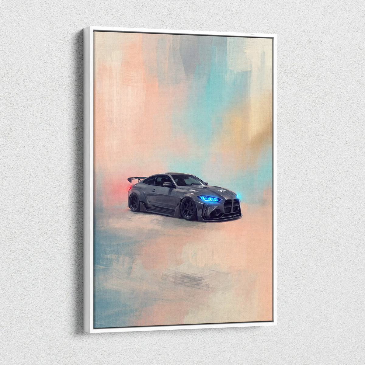 Bmw m4 inspired car wall art featuring a sleek gray coupe with glowing blue headlights in a white frame canvas painting