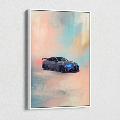Bmw m4 inspired car wall art featuring a sleek gray coupe with glowing blue headlights in a white frame canvas painting