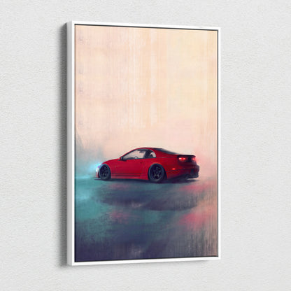 Nissan 300zx inspired red sports car wall art in a white frame painterly canvas print for modern living room decor