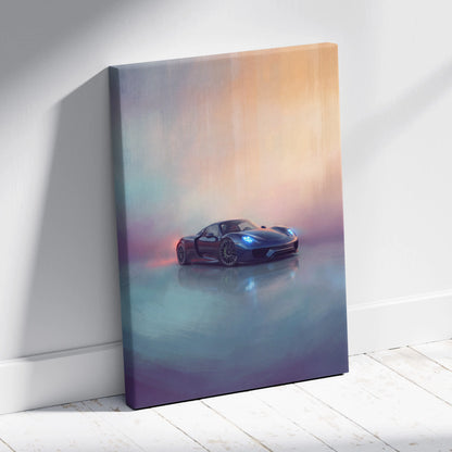 Porsche 918 spyder inspired supercar canvas art print featuring sleek dark blue sports car with glowing headlights on gradient background