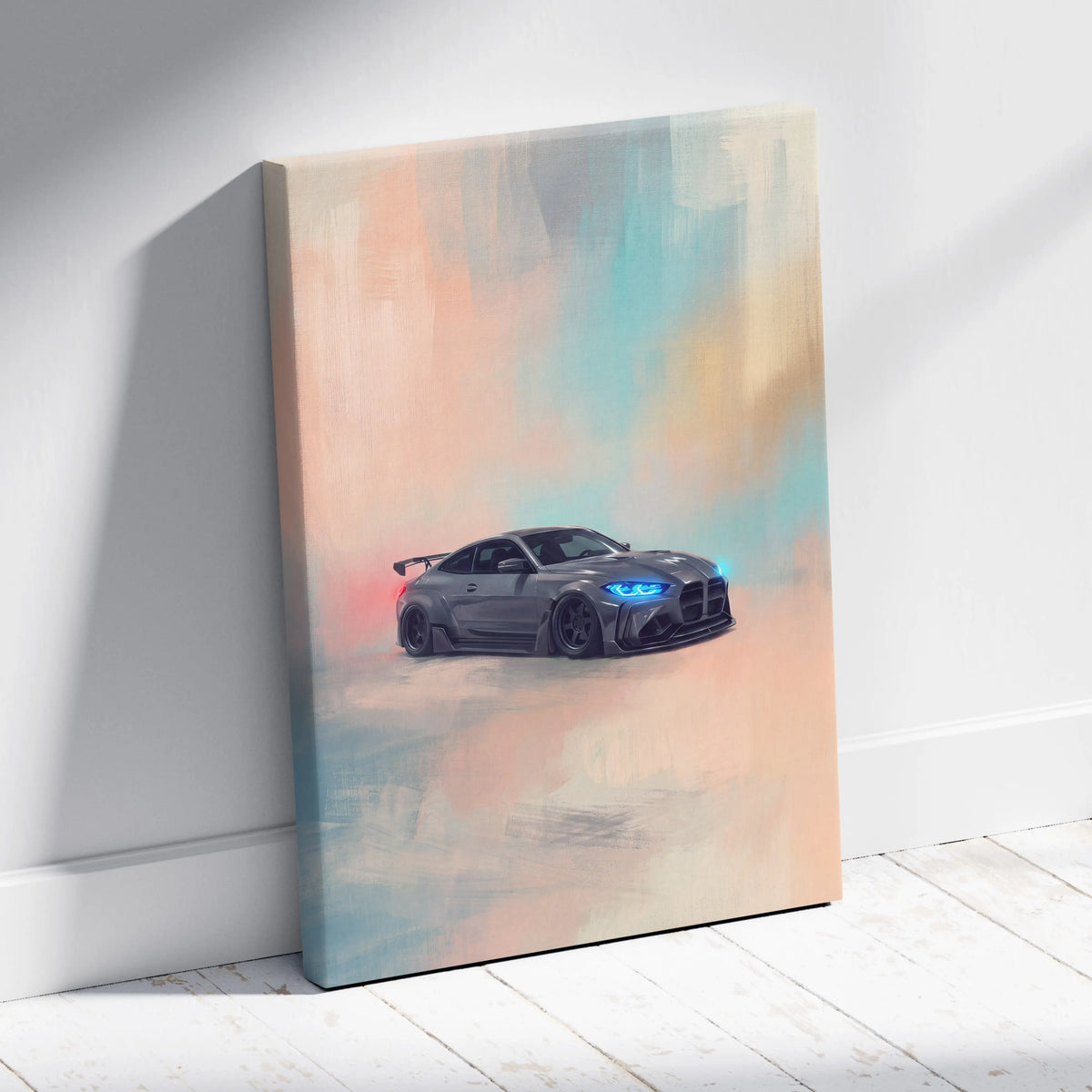 Gray bmw m4 coupe with glowing blue headlights and rear spoiler on abstract watercolor canvas wall art poster