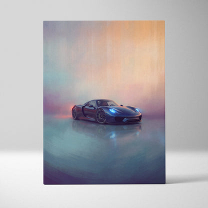 Porsche 918 spyder inspired supercar canvas art print featuring a sleek dark blue sports car with glowing headlights
