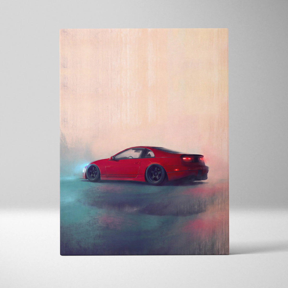 Nissan 300zx inspired red sports car canvas print with smoky effects for modern living room wall art decor