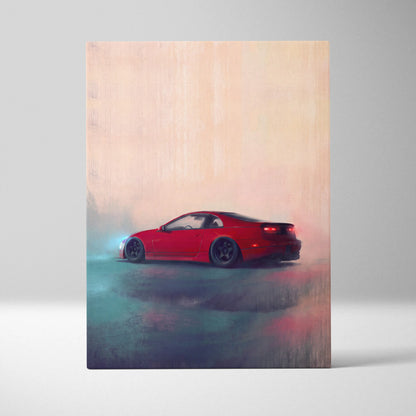 Nissan 300zx inspired red sports car canvas print with smoky effects for modern living room wall art decor