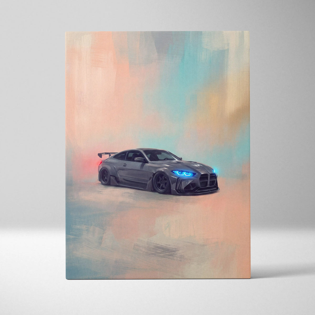Stylized gray bmw m4 coupe with glowing blue headlights and rear spoiler in a modern automotive poster canvas painting