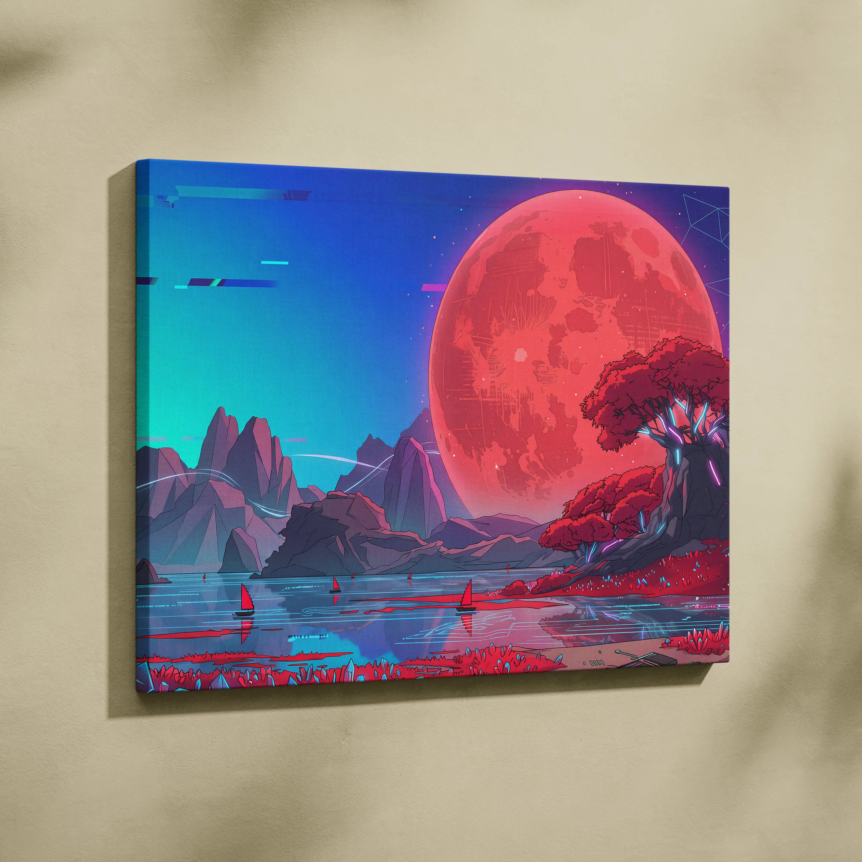 Neon Vaporwave Sunset Canvas - Vaporwave Landscape Neon Pink Cyan Living Room Retro Dreamy Glitch Art Canvas