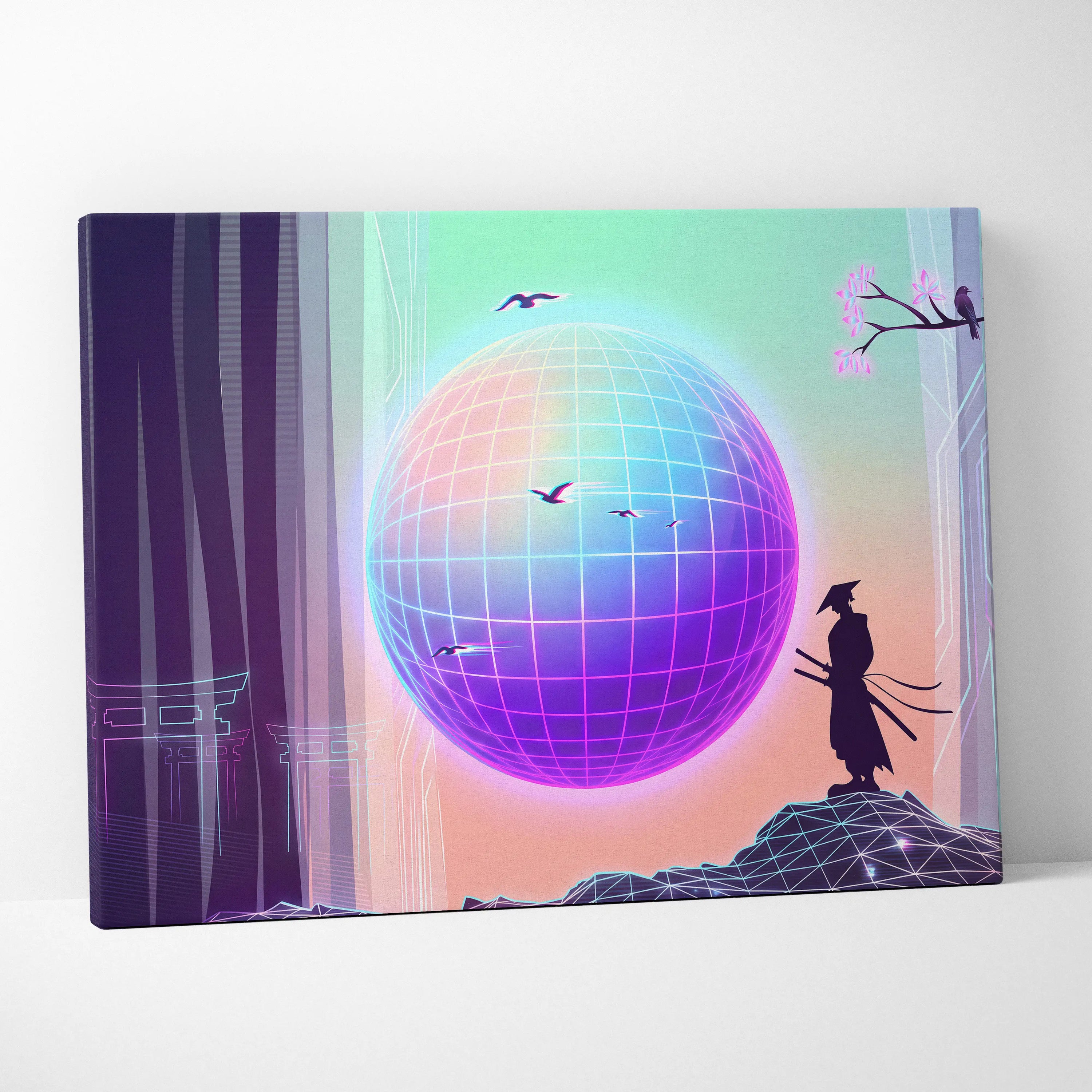 Neo Sakura Vaporwave Wall Art - Japan Landscape Neon Living Room Vaporwave Dreamy Neon Japanese Vaporwave Canvas Print
