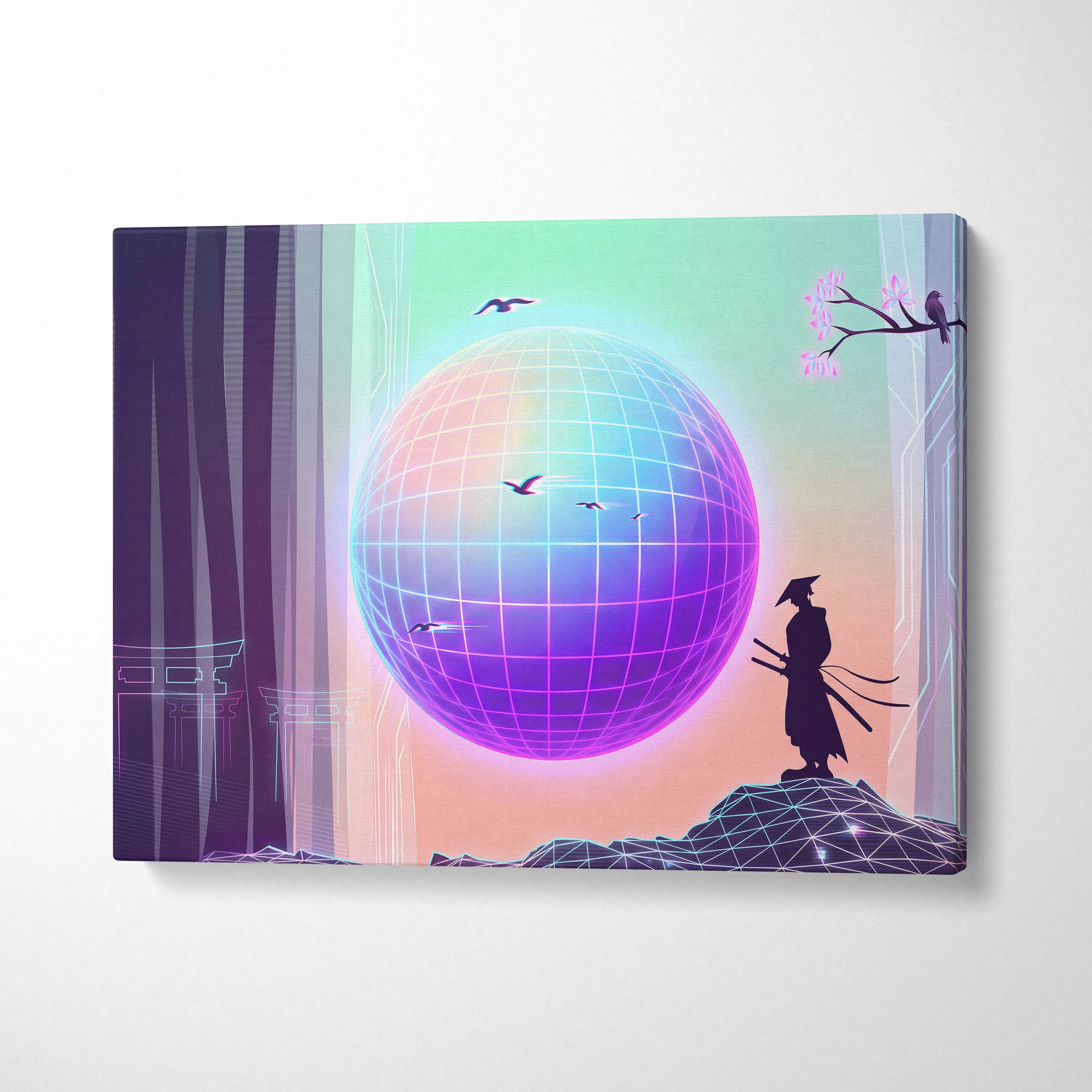 Neo Sakura Vaporwave Wall Art - Japan Landscape Neon Living Room Vaporwave Dreamy Neon Japanese Vaporwave Canvas Print