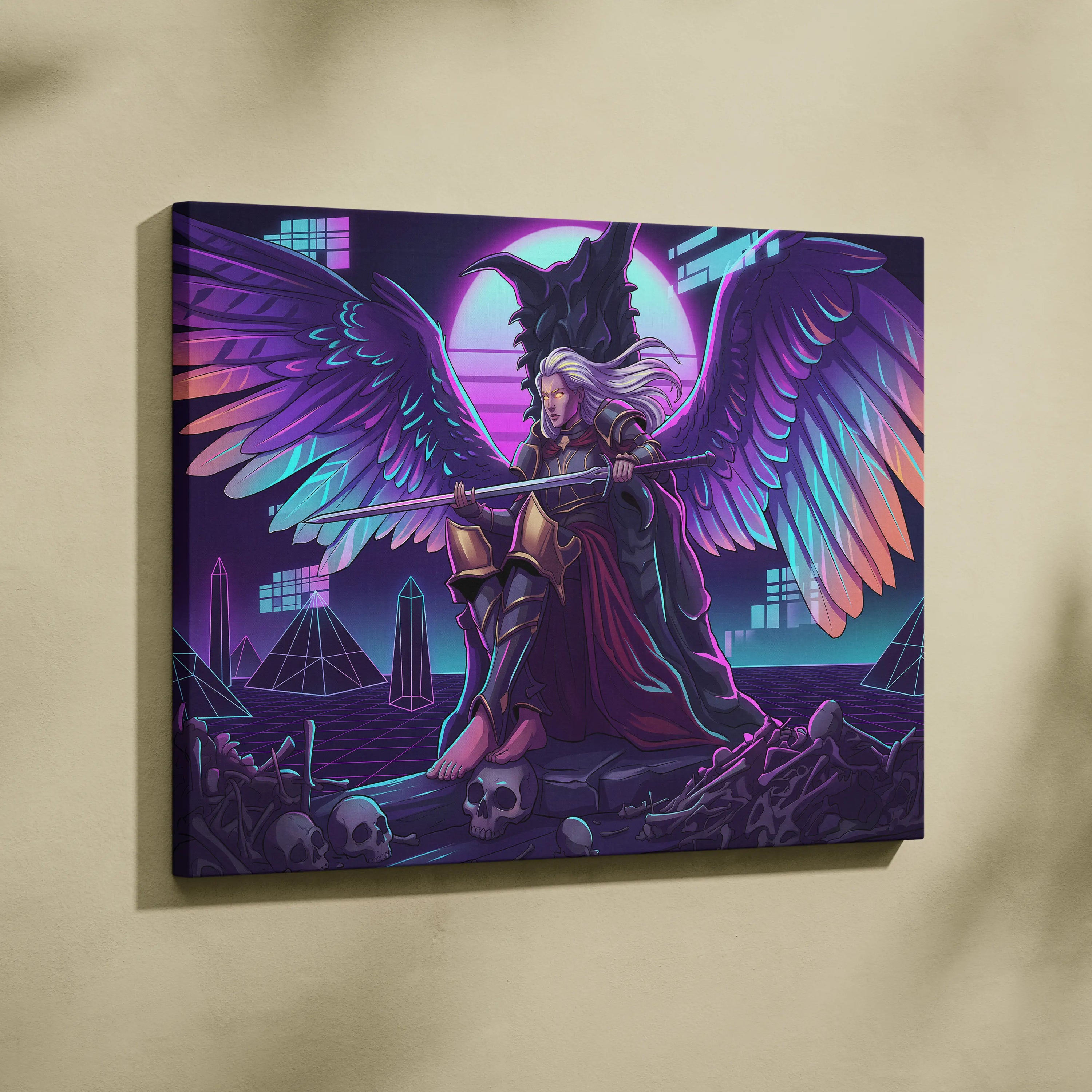 Vaporwave Wings Neon Canvas - Winged Hero Neon Living Room Vaporwave Mystical Neon Mood Retro Futurism Wall Art Canvas