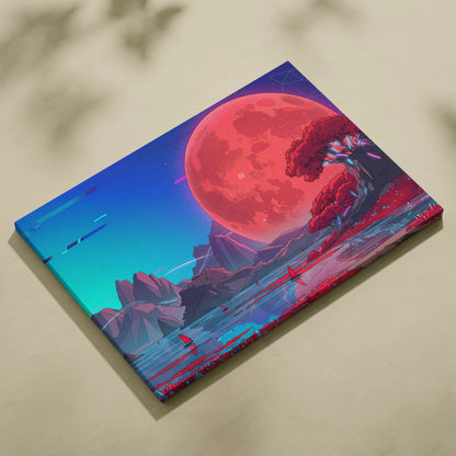 Neon Vaporwave Sunset Canvas - Vaporwave Landscape Neon Pink Cyan Living Room Retro Dreamy Glitch Art Canvas
