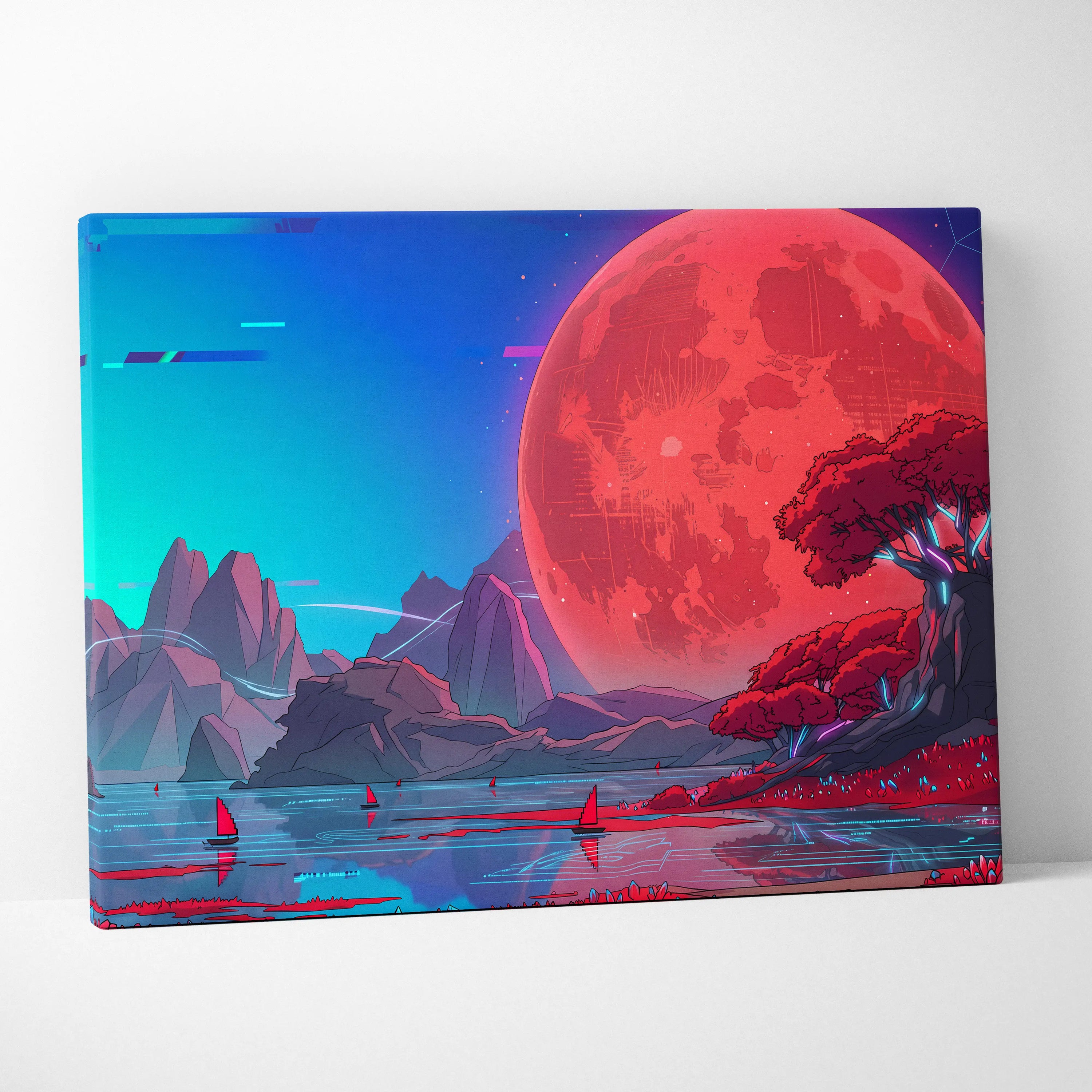 Neon Vaporwave Sunset Canvas - Vaporwave Landscape Neon Pink Cyan Living Room Retro Dreamy Glitch Art Canvas
