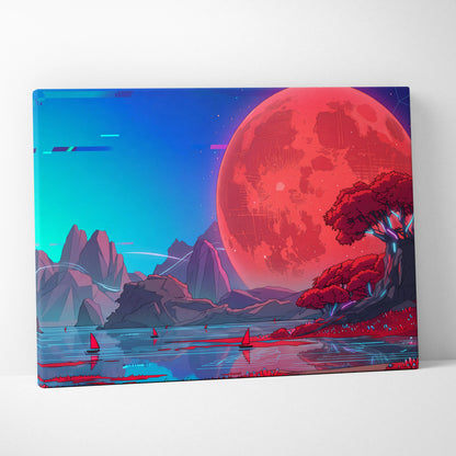 Neon Vaporwave Sunset Canvas - Vaporwave Landscape Neon Pink Cyan Living Room Retro Dreamy Glitch Art Canvas