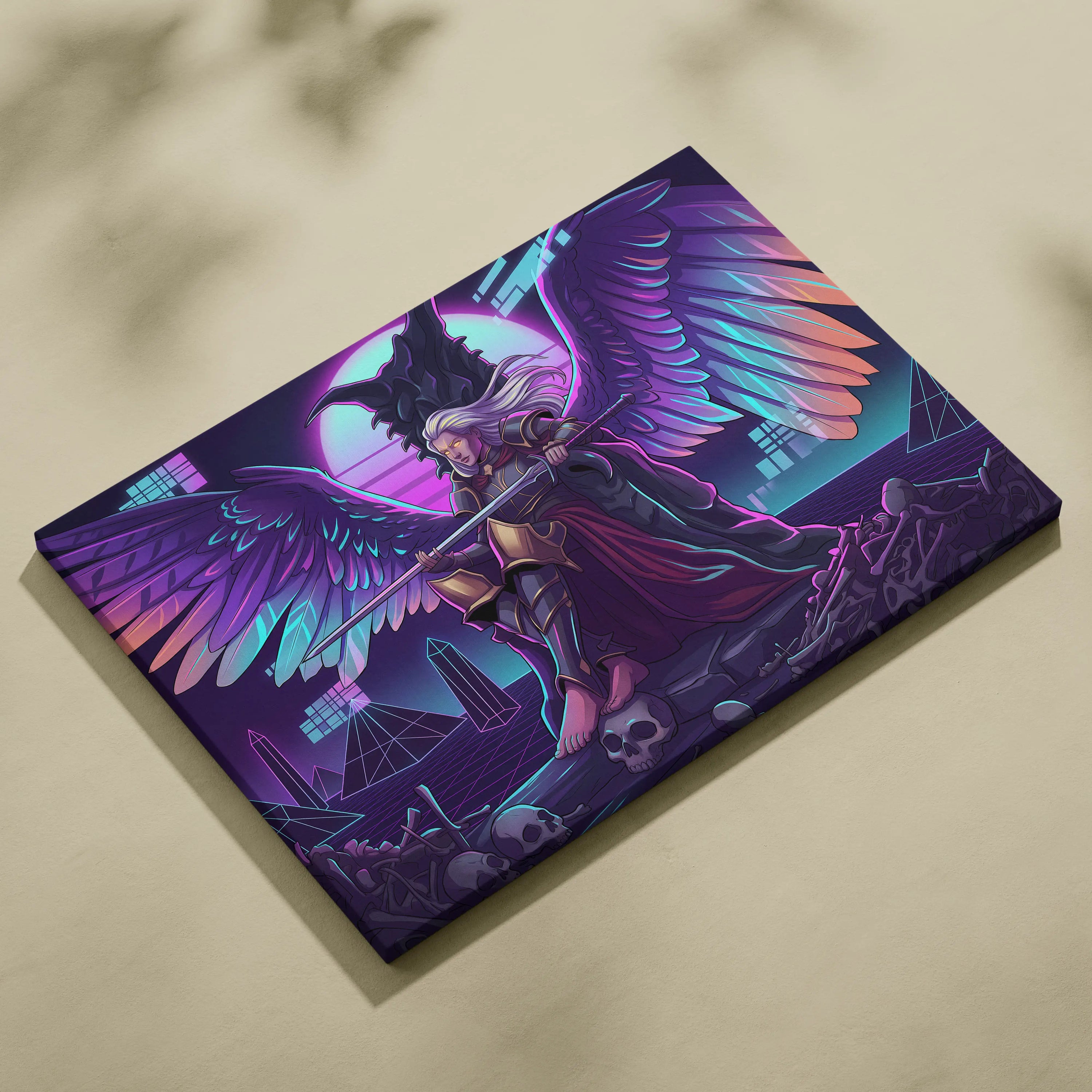 Vaporwave Wings Neon Canvas - Winged Hero Neon Living Room Vaporwave Mystical Neon Mood Retro Futurism Wall Art Canvas