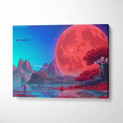 Neon Vaporwave Sunset Canvas - Vaporwave Landscape Neon Pink Cyan Living Room Retro Dreamy Glitch Art Canvas