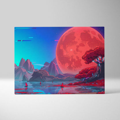 Neon Vaporwave Sunset Canvas - Vaporwave Landscape Neon Pink Cyan Living Room Retro Dreamy Glitch Art Canvas
