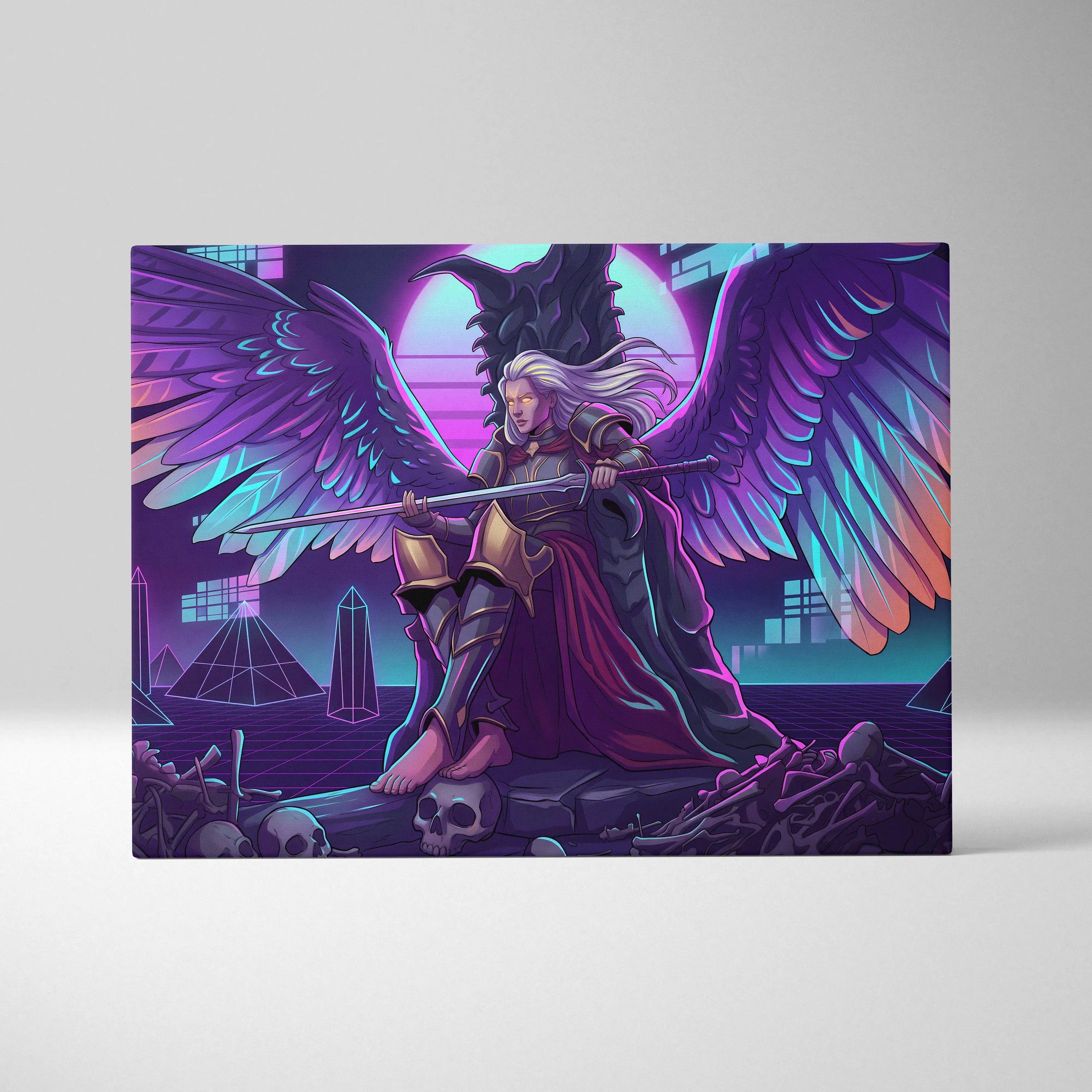 Vaporwave Wings Neon Canvas - Winged Hero Neon Living Room Vaporwave Mystical Neon Mood Retro Futurism Wall Art Canvas