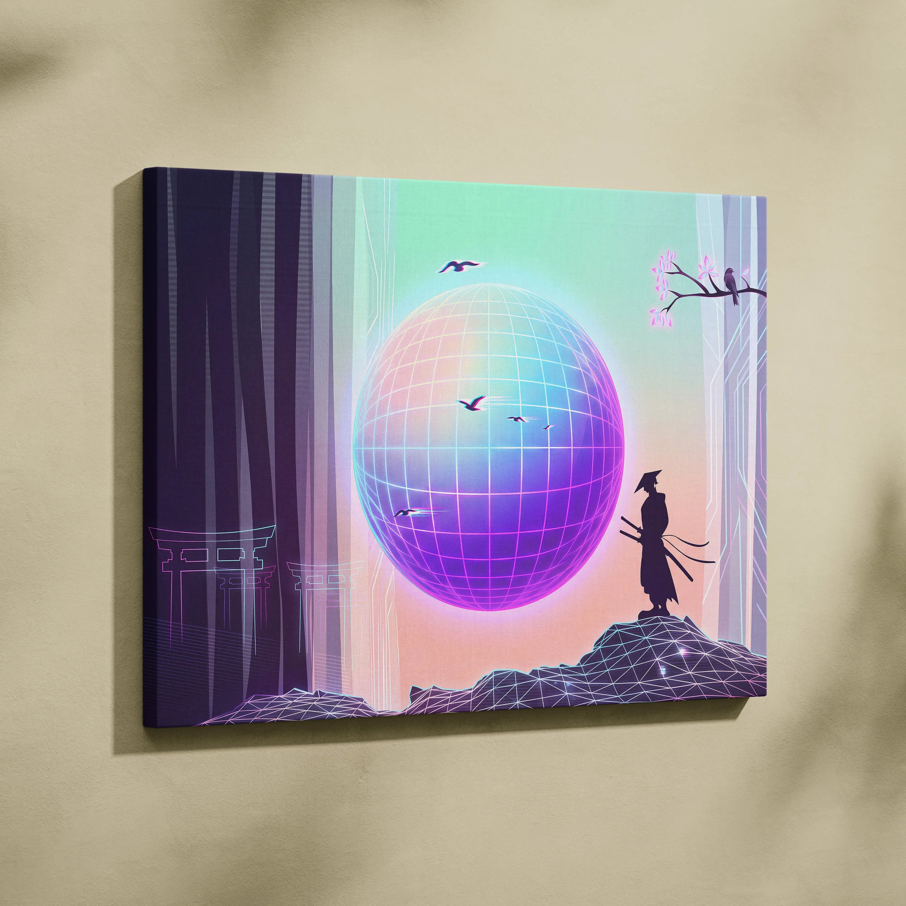 Neo Sakura Vaporwave Wall Art - Japan Landscape Neon Living Room Vaporwave Dreamy Neon Japanese Vaporwave Canvas Print