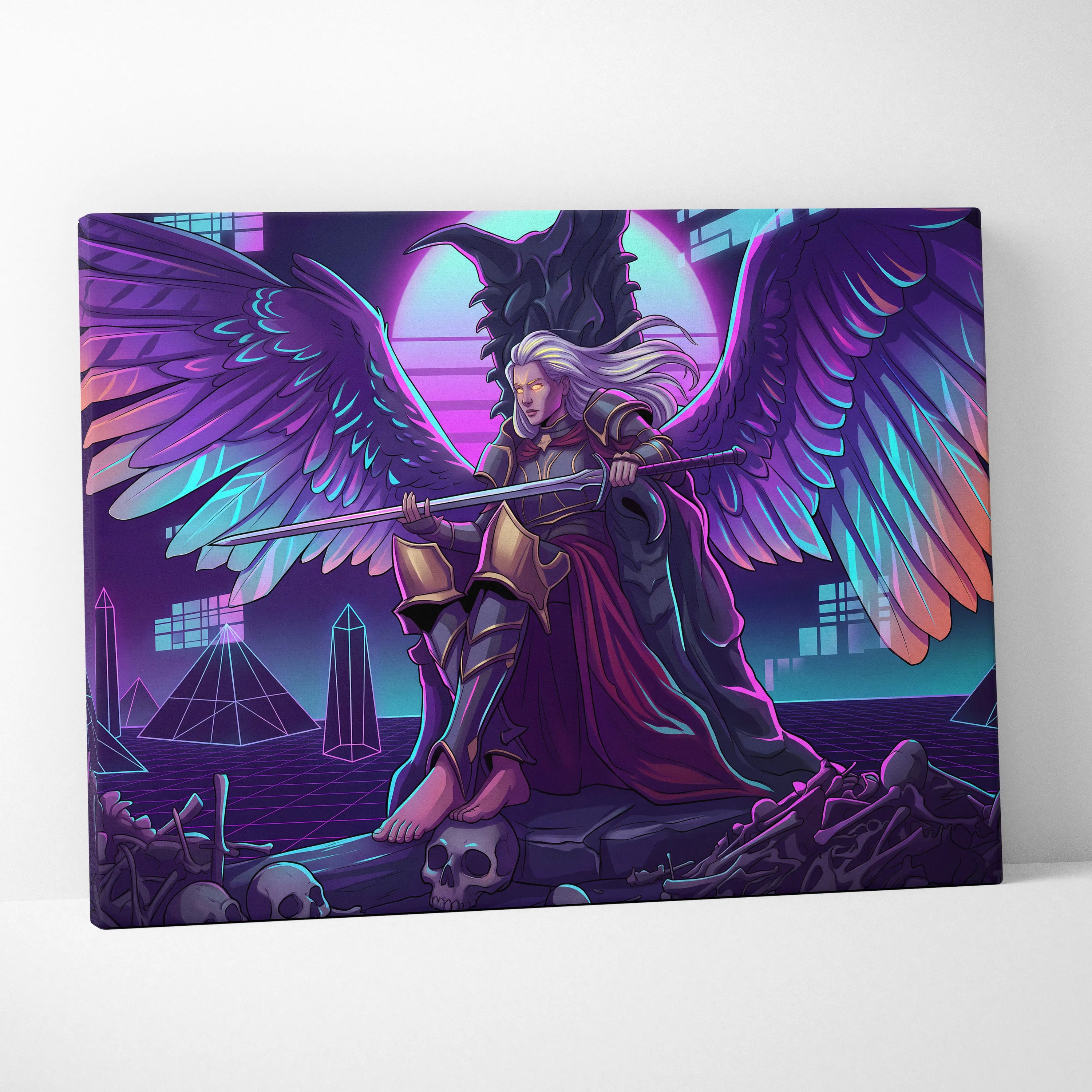 Vaporwave Wings Neon Canvas - Winged Hero Neon Living Room Vaporwave Mystical Neon Mood Retro Futurism Wall Art Canvas