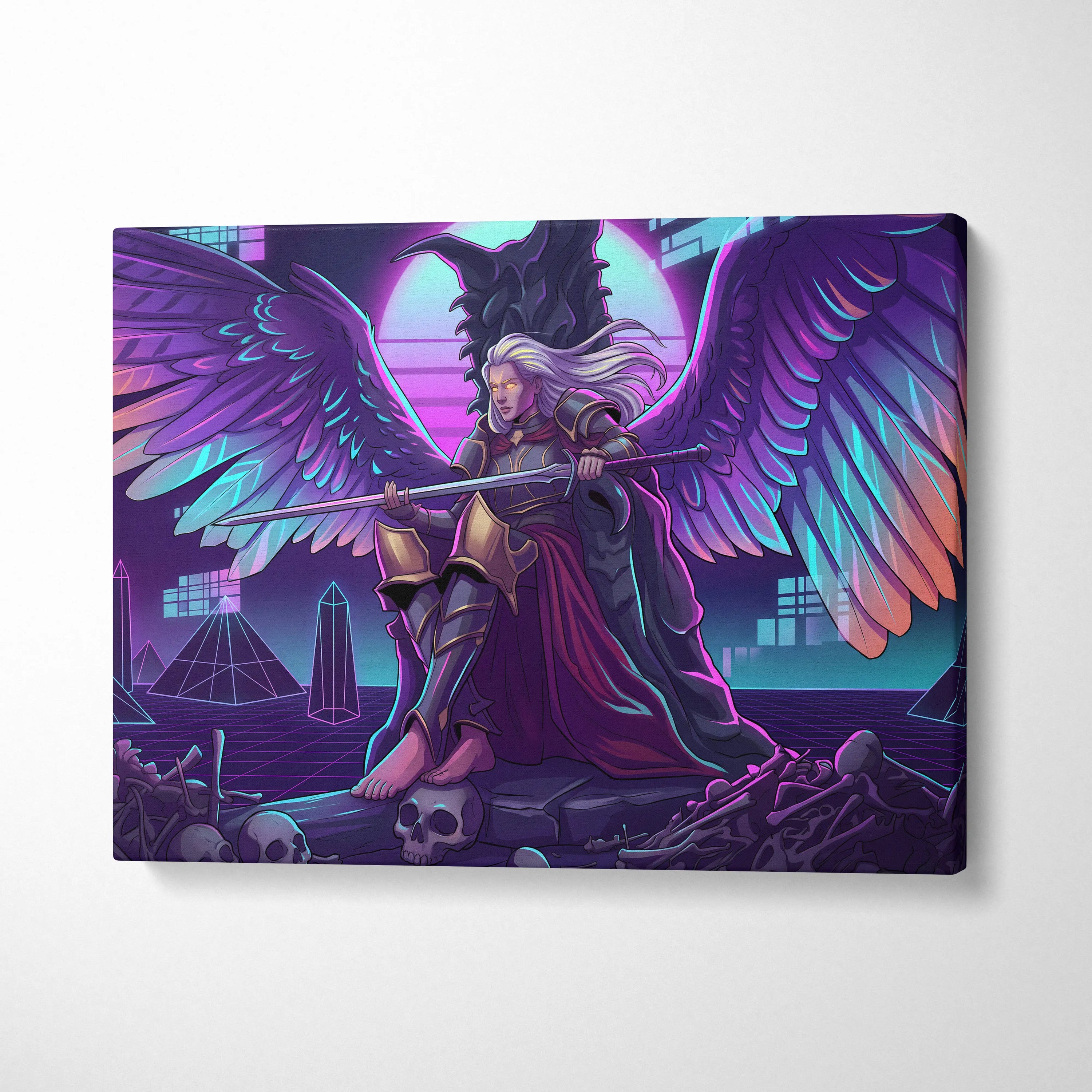 Vaporwave Wings Neon Canvas - Winged Hero Neon Living Room Vaporwave Mystical Neon Mood Retro Futurism Wall Art Canvas