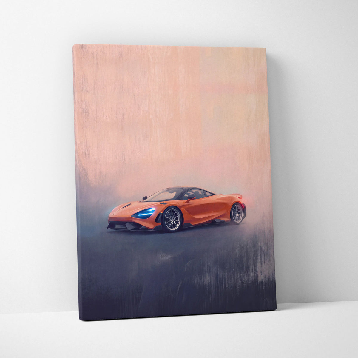 Orange McLaren 720S inspired sports car painting on canvas luxury supercar wall art for automotive decor
