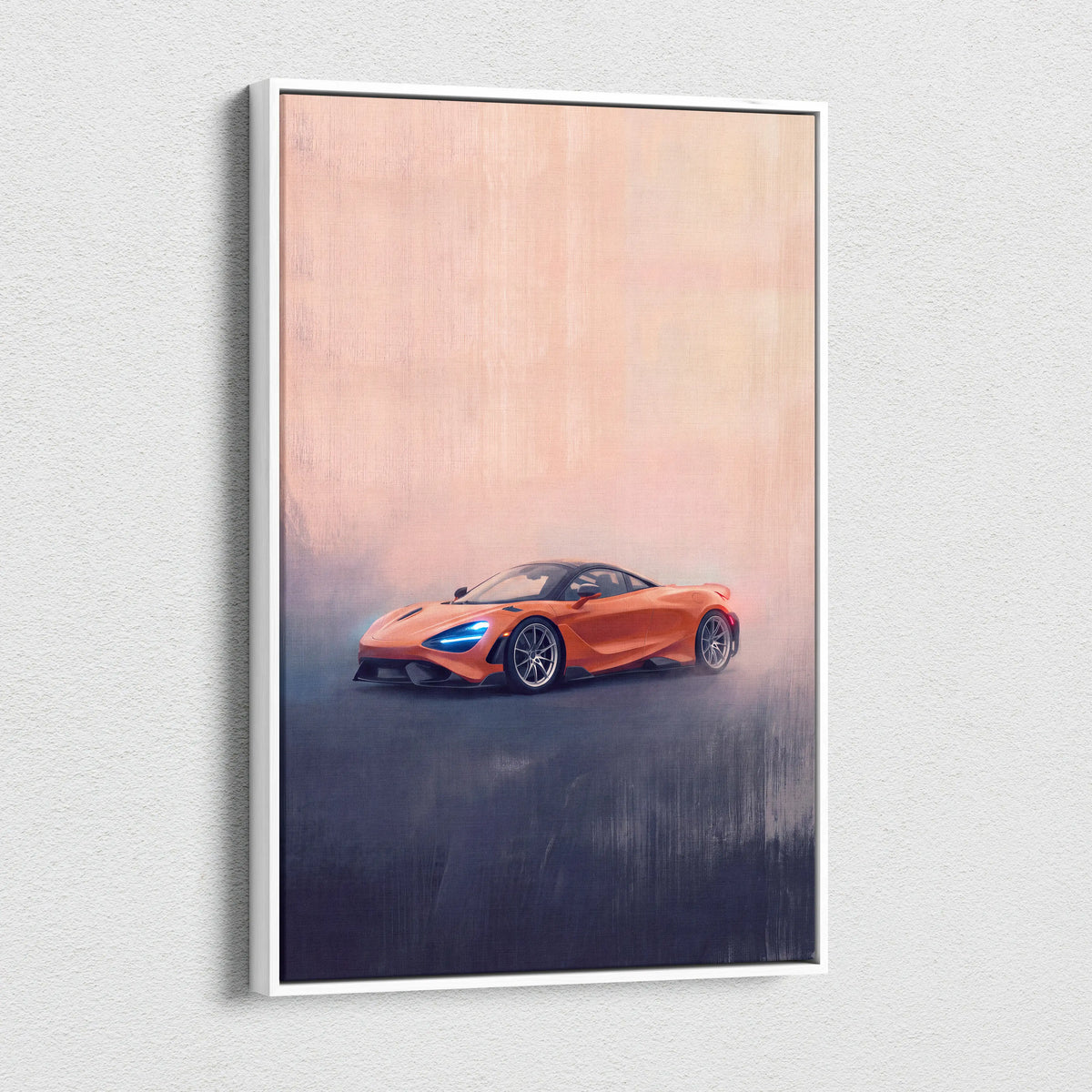 Framed mclaren 720s inspired automotive wall art featuring an orange sports car with blue headlights and sleek design