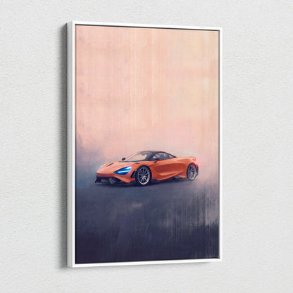 Framed mclaren 720s inspired automotive wall art featuring an orange sports car with blue headlights and sleek design