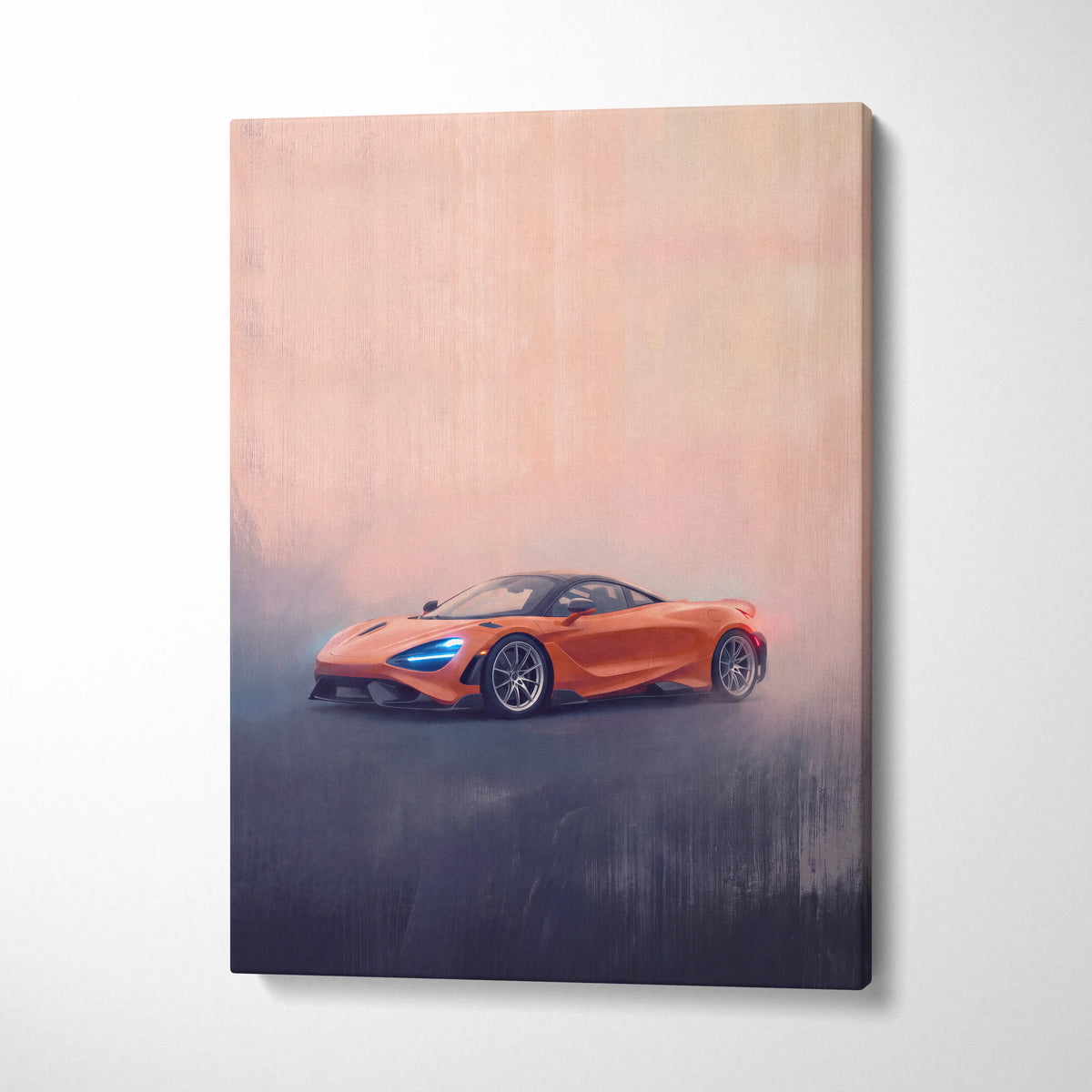 Vibrant orange McLaren 720S sports car stylized painting on canvas luxury supercar wall art print