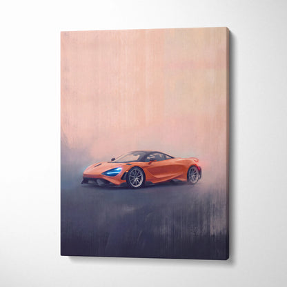 Vibrant orange McLaren 720S sports car stylized painting on canvas luxury supercar wall art print