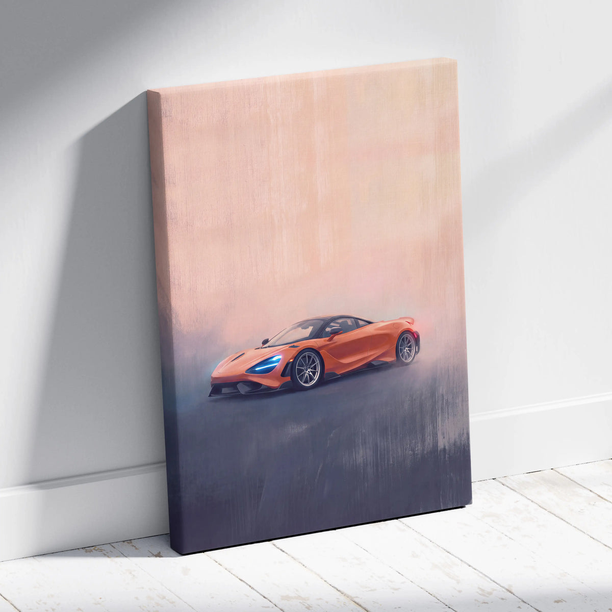 Orange mclaren 720s sports car on a luxury supercar canvas print for automotive wall art decor