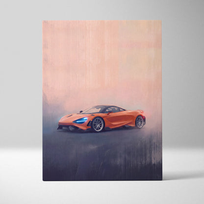 Vibrant orange mclaren 720s sports car in a misty artistic rendering on luxury supercar canvas wall art