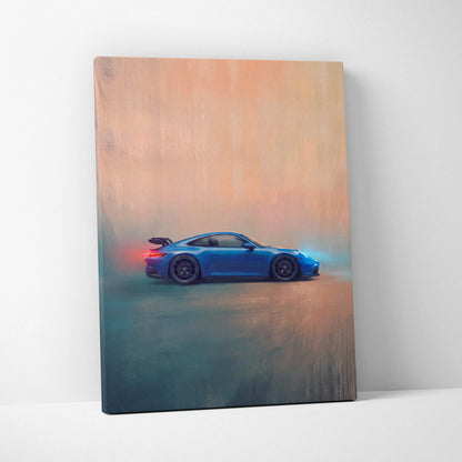 Blue Porsche 911 GT3 inspired canvas print with glowing red and blue lights premium automotive wall decor