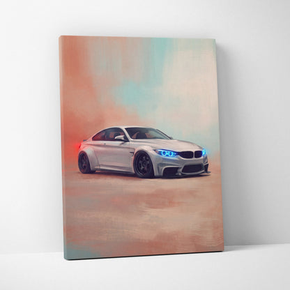 Silver bmw m4 coupe canvas print with glowing blue headlights and black rims german sports car wall art