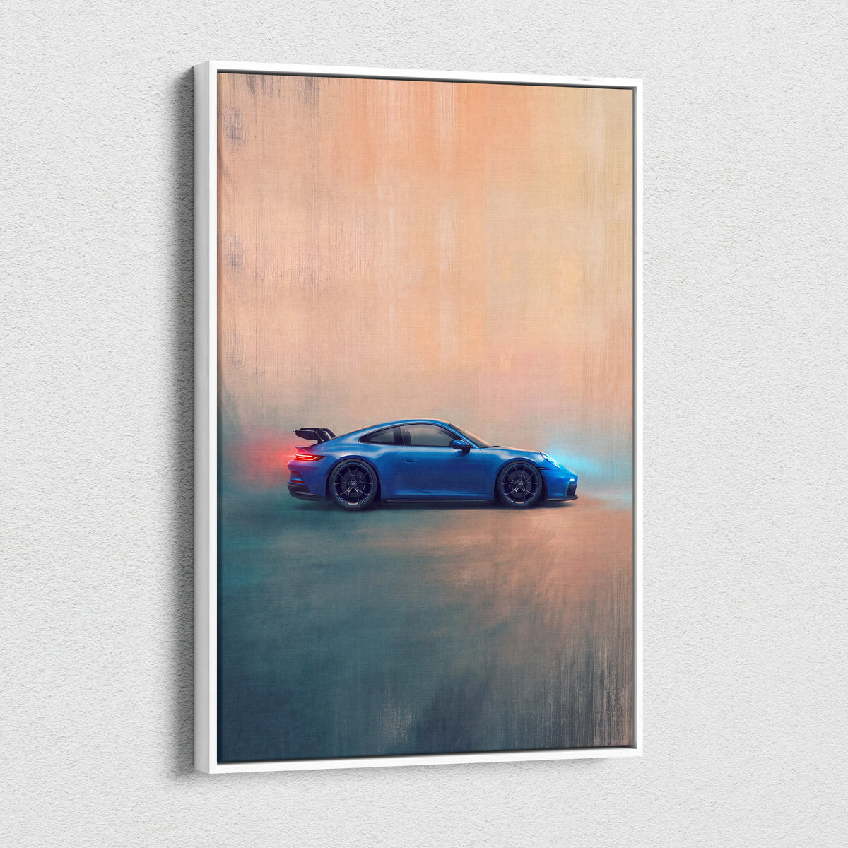 Blue Porsche 911 GT3 inspired canvas art featuring a stylized sports car with glowing red and blue accents for wall decor