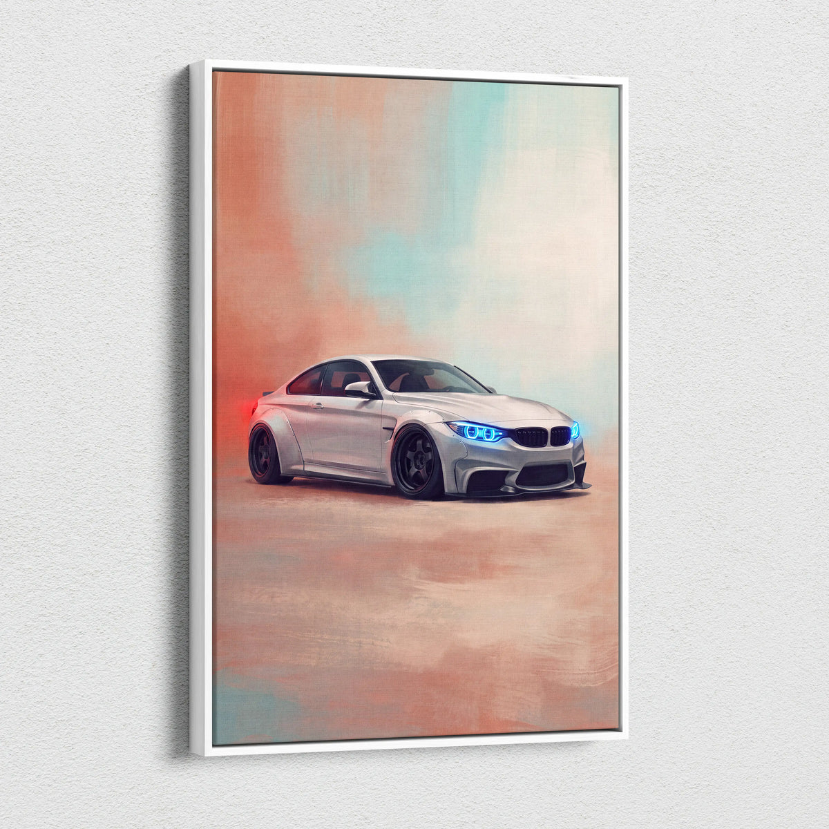 Silver bmw m4 coupe with glowing blue headlights in a framed german sports car canvas wall art print