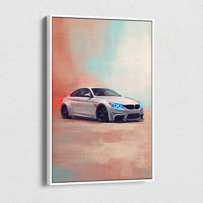 Silver bmw m4 coupe with glowing blue headlights in a framed german sports car canvas wall art print