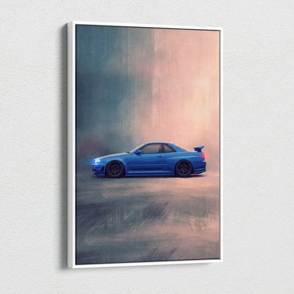 Nissan Skyline GT-R R34 Inspired Automotive Wall Art - Blue JDM Sports Car Painting for Home Decor