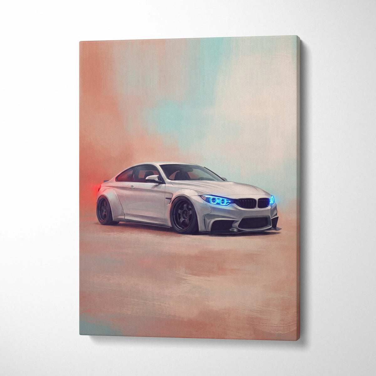 Silver bmw m4 coupe with glowing blue headlights and black rims on a stylized automotive canvas wall art print