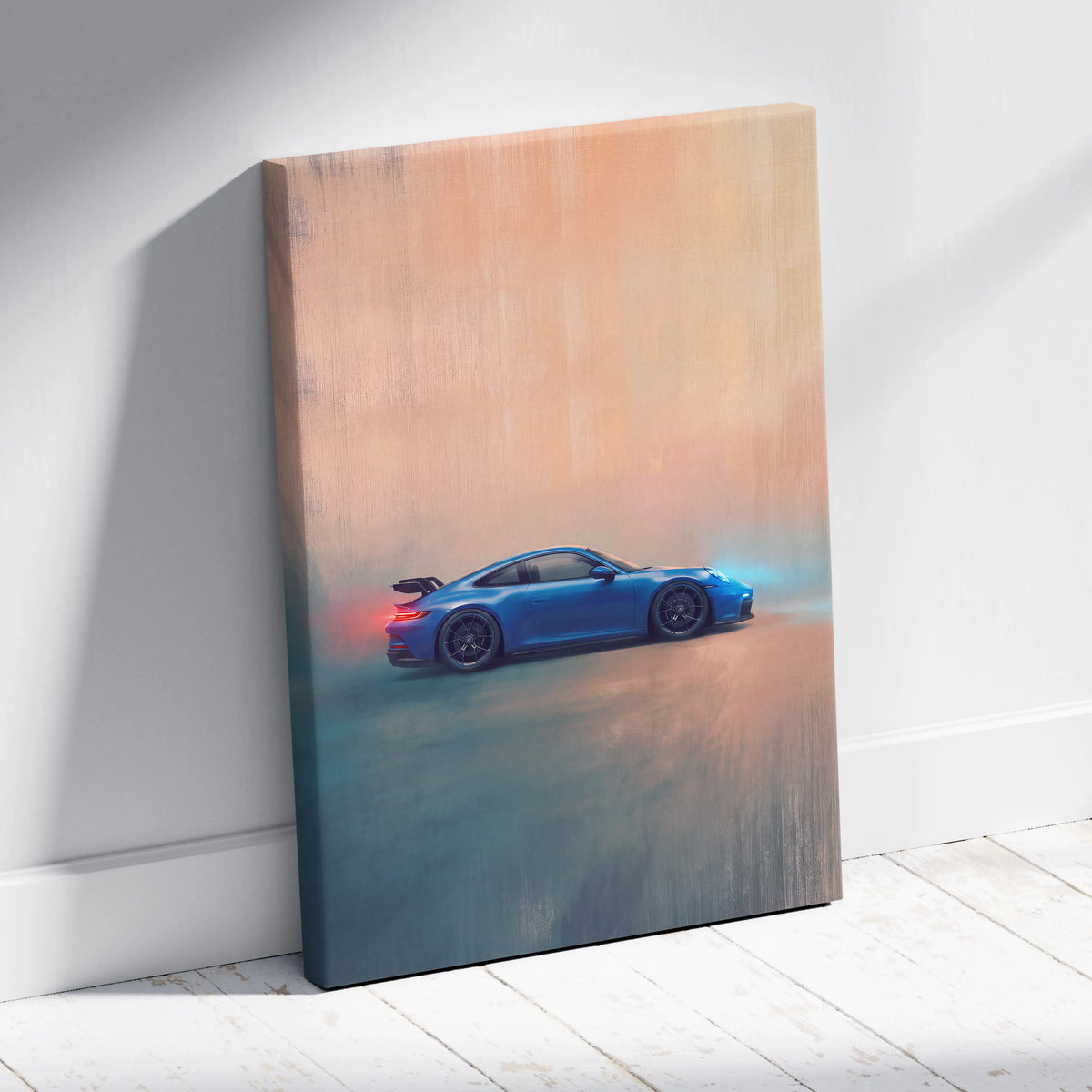 Blue porsche 911 gt3 inspired canvas art with glowing red and blue light effects premium automotive wall decor