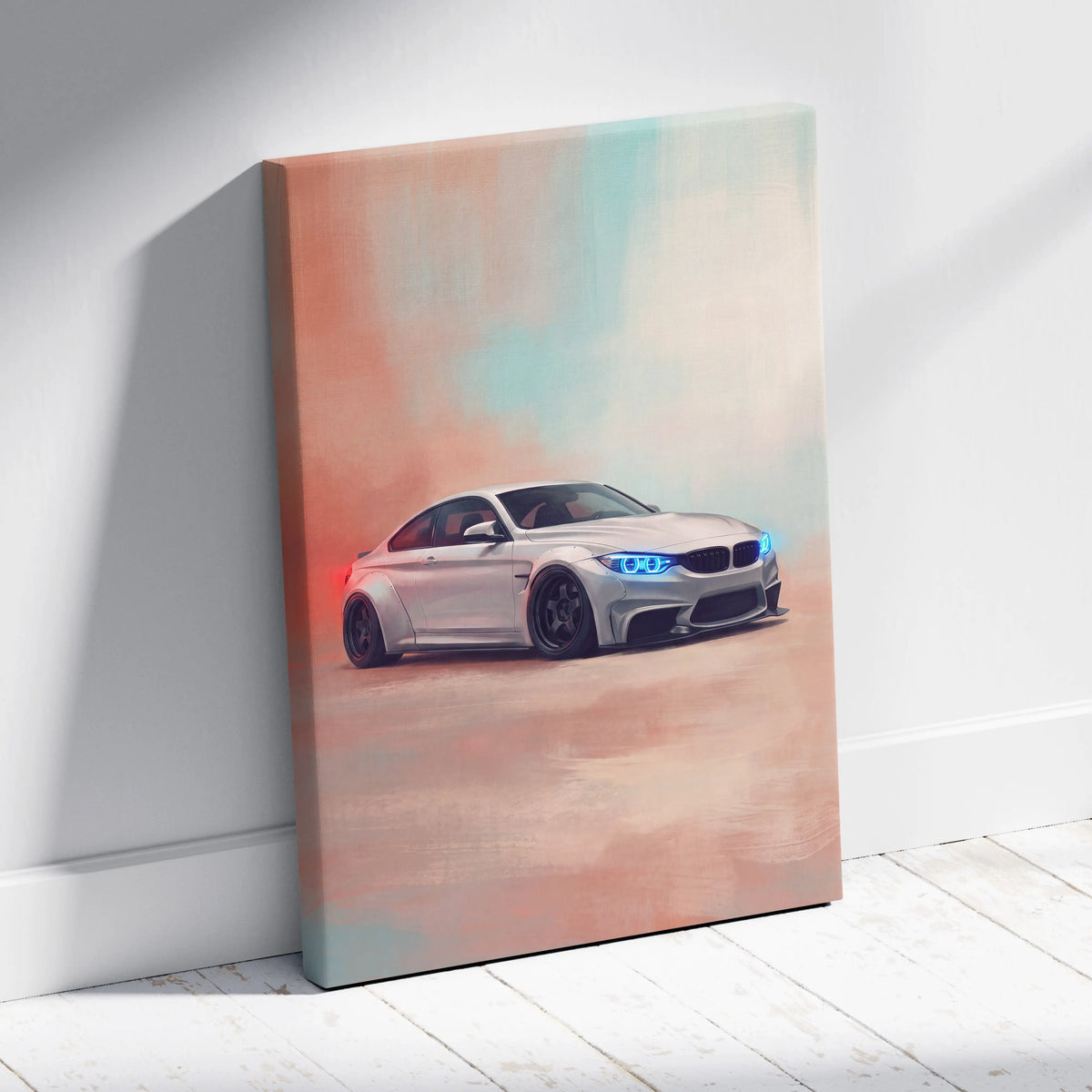 Silver bmw m4 coupe canvas print with glowing blue headlights and red taillights on pastel gradient background