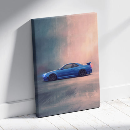 Nissan Skyline GT-R R34 Inspired Automotive Wall Art - Blue JDM Sports Car Painting for Home Decor