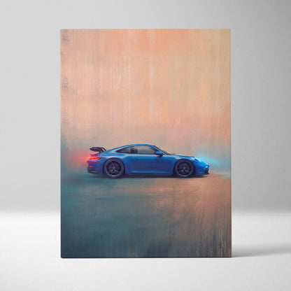 Vibrant blue porsche 911 gt3 sports car on an abstract canvas premium automotive wall decor artwork