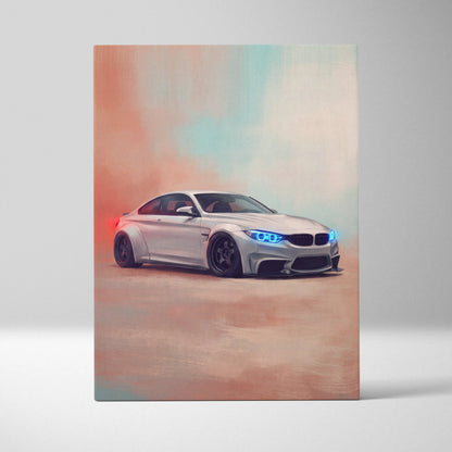 Silver bmw m4 coupe with glowing blue headlights and black rims in german sports car canvas wall art print