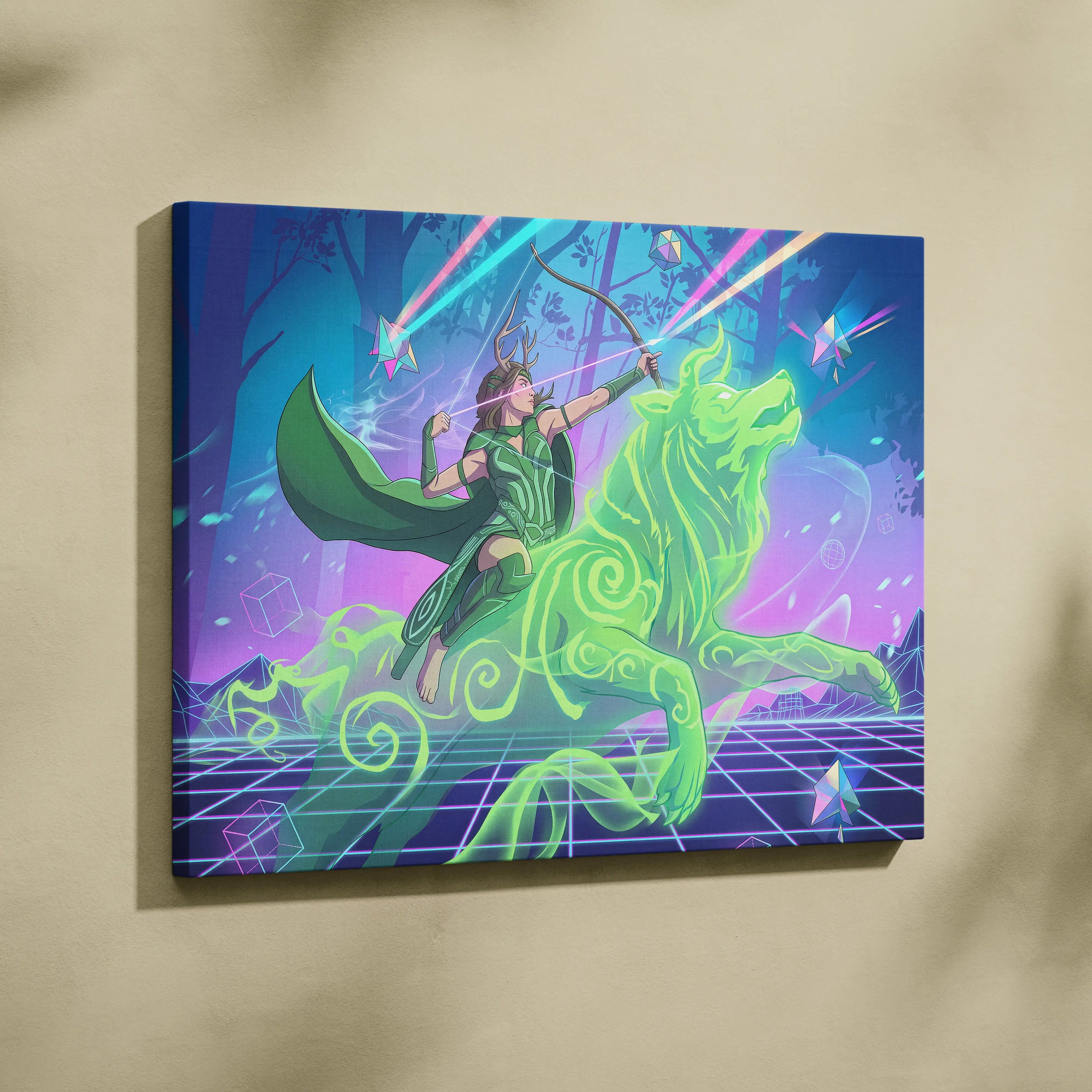 Vaporwave Archer Goddess Neon Canvas - Vaporwave Archer Goddess Neon Cyan Magenta Lime Green Living Room Futurism Mystical Mood Vaporwave Art Canvas