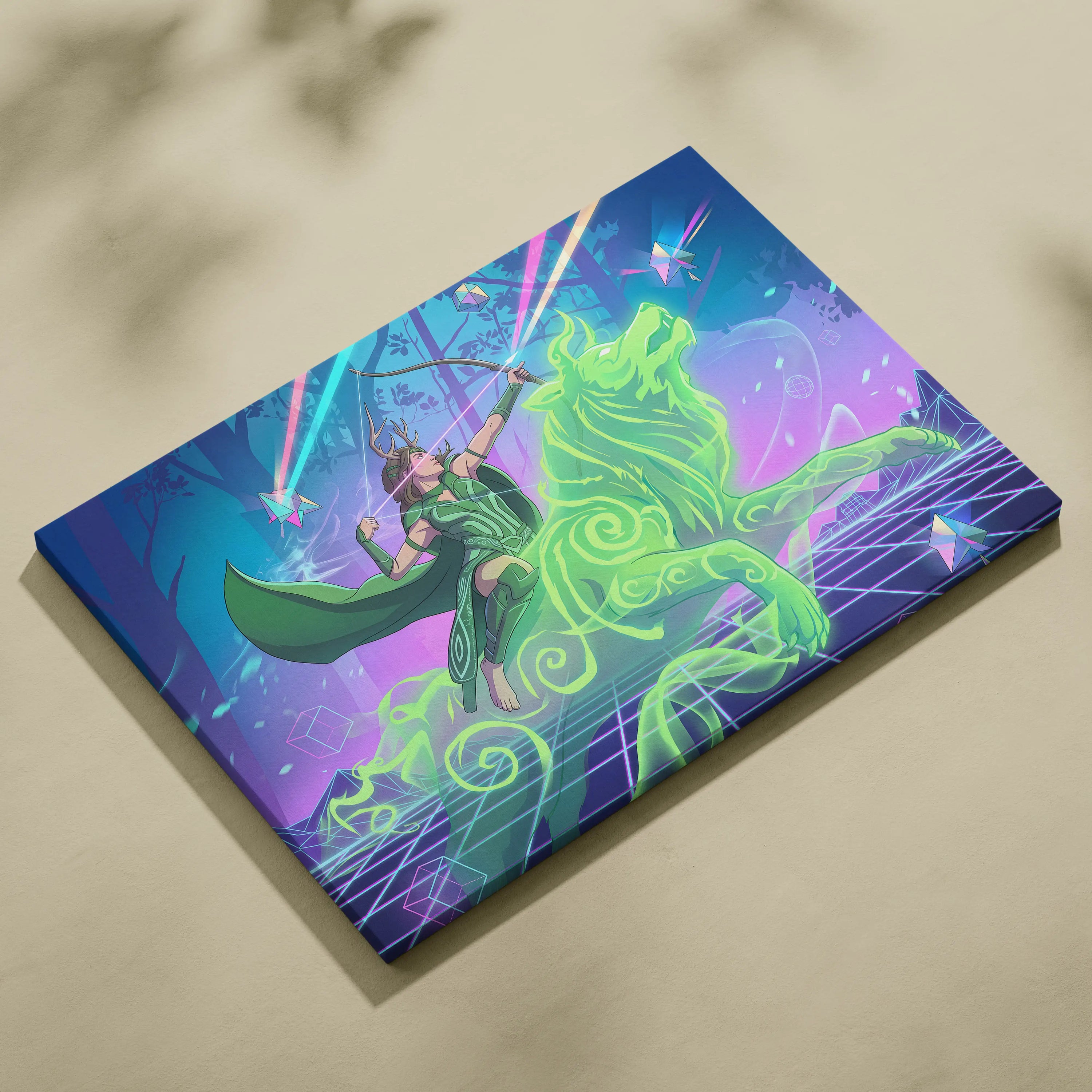Vaporwave Archer Goddess Neon Canvas - Vaporwave Archer Goddess Neon Cyan Magenta Lime Green Living Room Futurism Mystical Mood Vaporwave Art Canvas