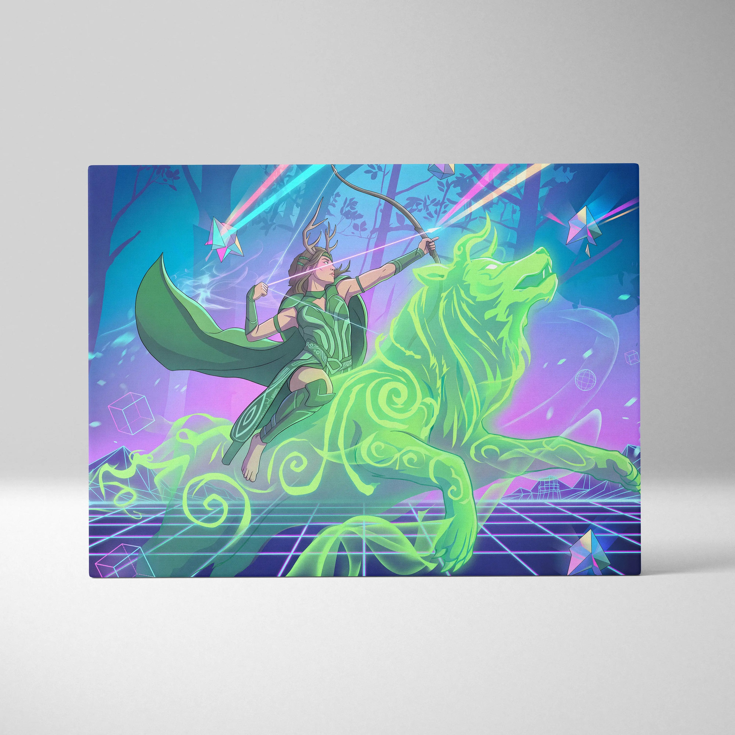 Vaporwave Archer Goddess Neon Canvas - Vaporwave Archer Goddess Neon Cyan Magenta Lime Green Living Room Futurism Mystical Mood Vaporwave Art Canvas