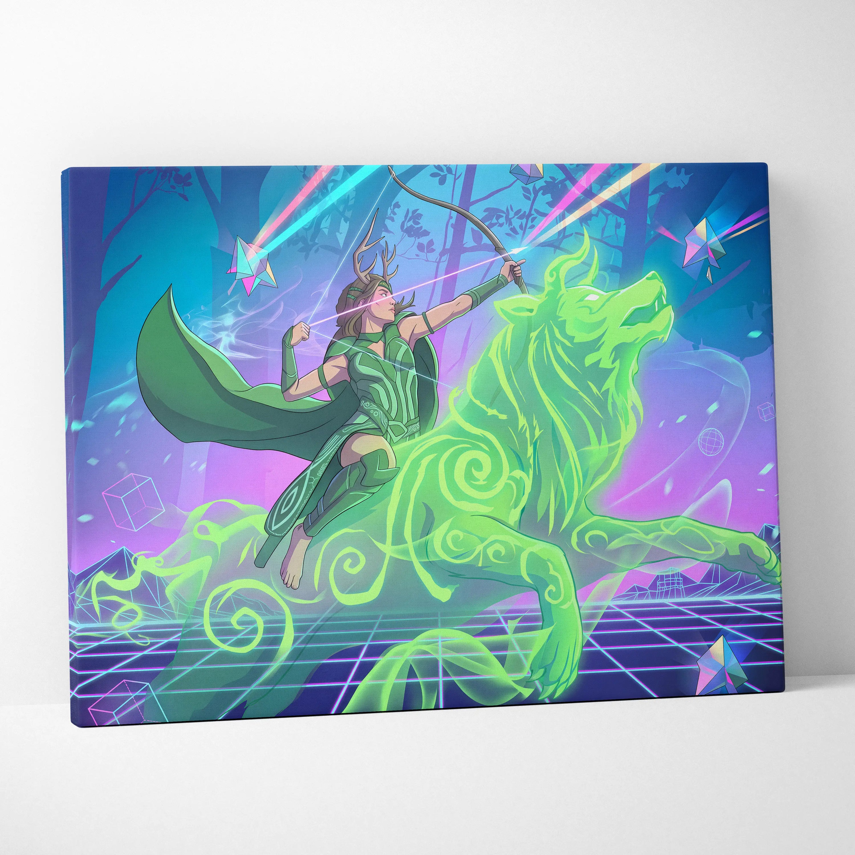 Vaporwave Archer Goddess Neon Canvas - Vaporwave Archer Goddess Neon Cyan Magenta Lime Green Living Room Futurism Mystical Mood Vaporwave Art Canvas