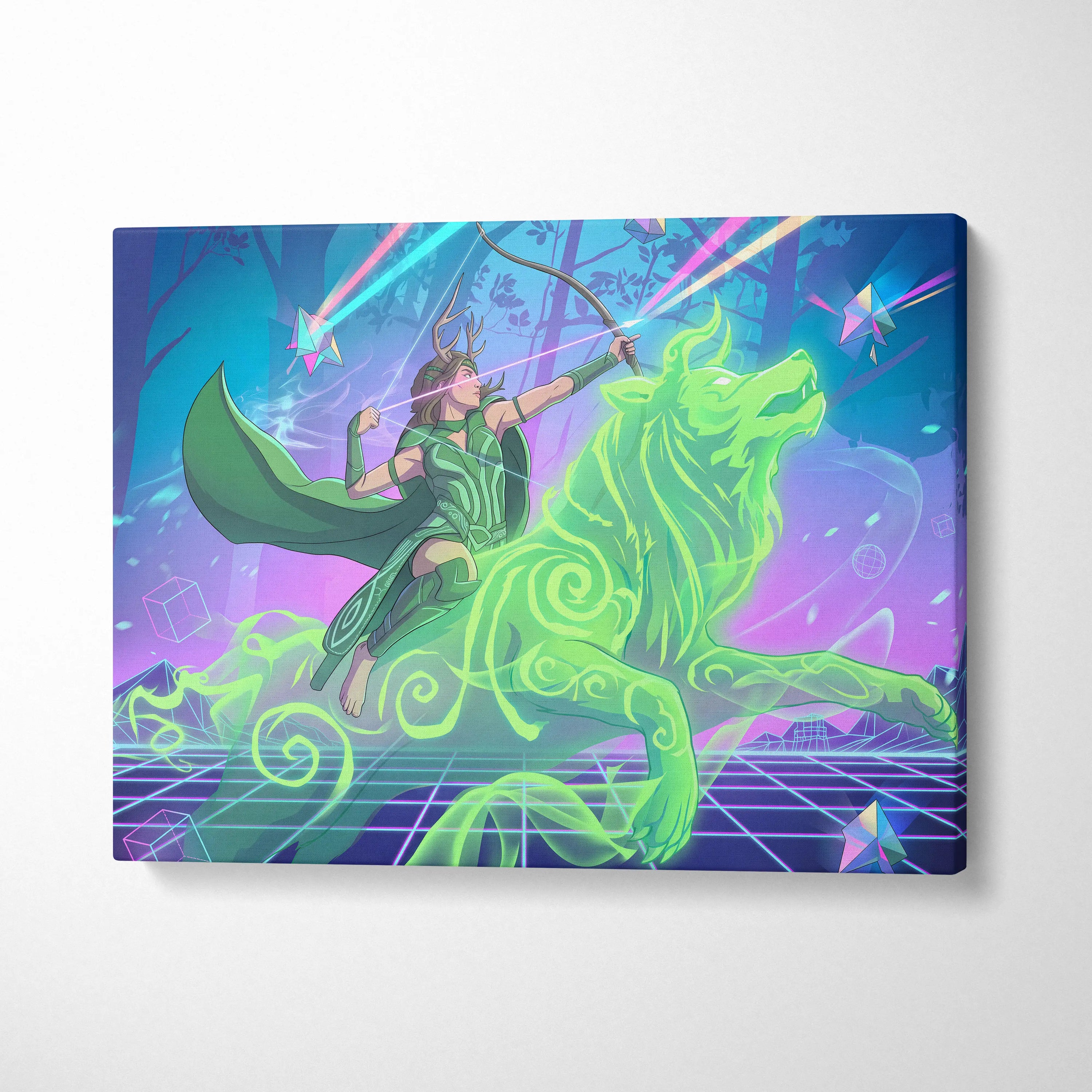 Vaporwave Archer Goddess Neon Canvas - Vaporwave Archer Goddess Neon Cyan Magenta Lime Green Living Room Futurism Mystical Mood Vaporwave Art Canvas