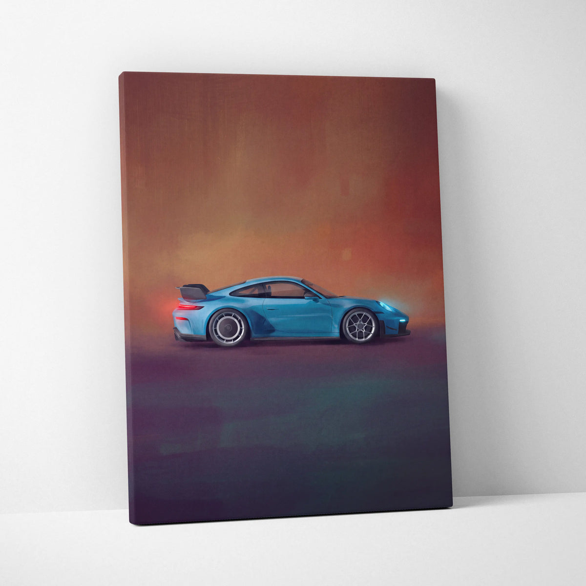 A vibrant blue Porsche 911 GT3 RS inspired sports car canvas print with gradient sunset and twilight hues