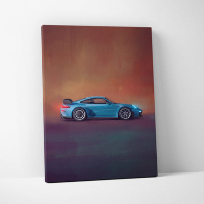 A vibrant blue Porsche 911 GT3 RS inspired sports car canvas print with gradient sunset and twilight hues