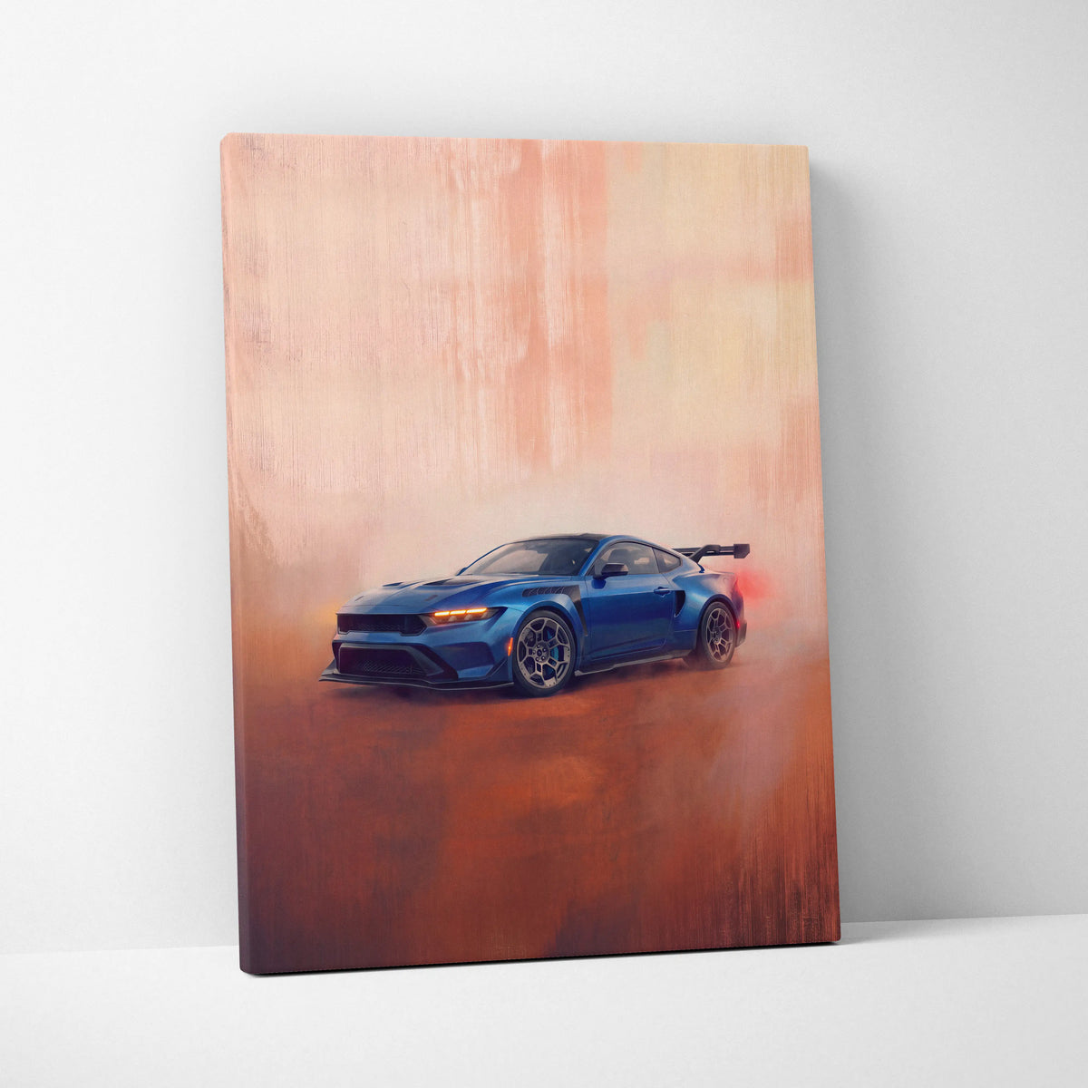 Blue ford mustang gtd inspired muscle car canvas print with black rims and rear spoiler for living room wall art